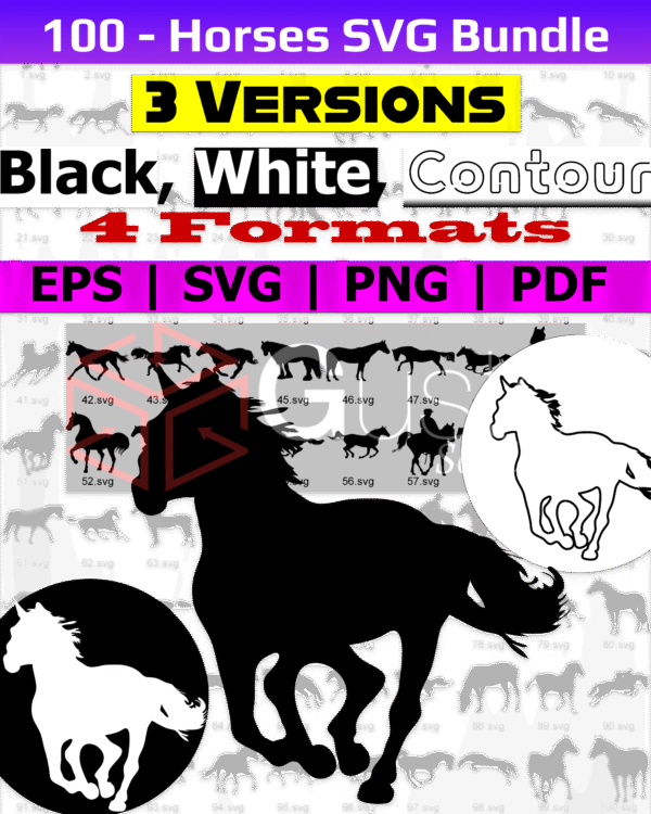 100 Horse Silhouette SVG Bundle | Black, White & Contour Versions